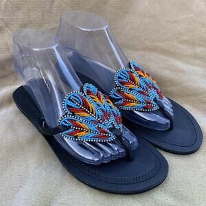African Maasai Womens Leather Beaded Handcrafted Flat Sandals BOHO 8.5 Like New‍